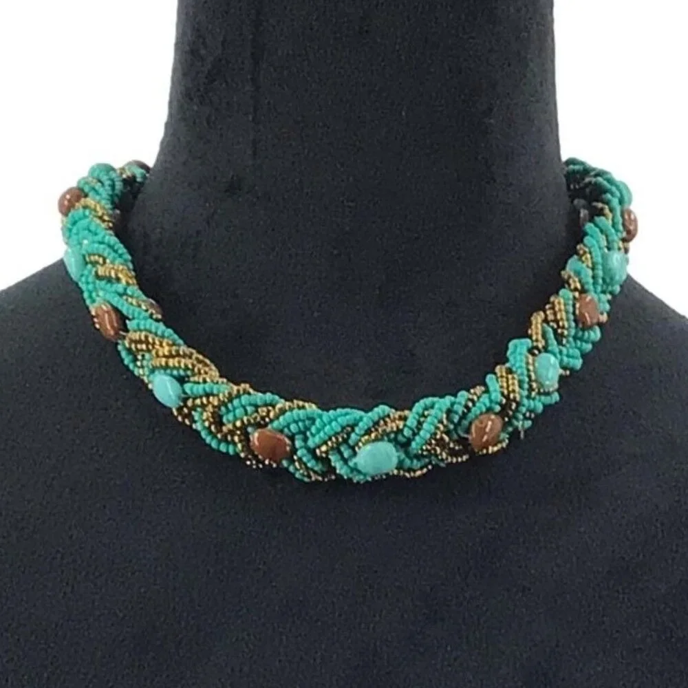 Beaded Necklace Braided Seed Beads Natural Stone Accent Boho Style Blue Brown